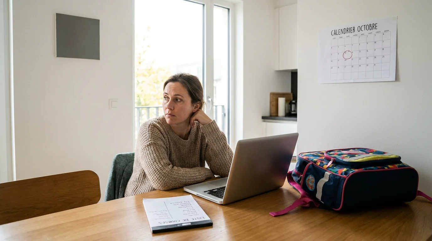 Femme gérant simultanément travail et organisation du foyer, illustrant la charge mentale domestique