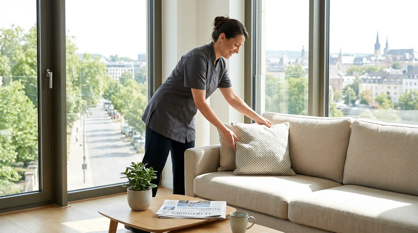Employée de maison professionnelle dans un salon moderne au Luxembourg