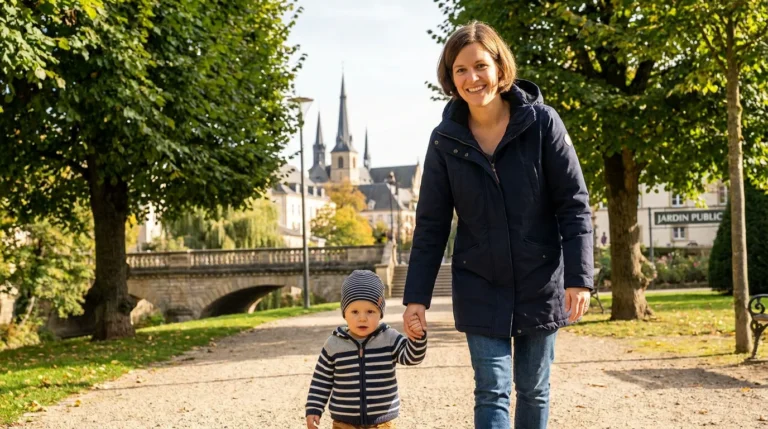 Nounou professionnelle se promenant avec un enfant dans un parc à Luxembourg