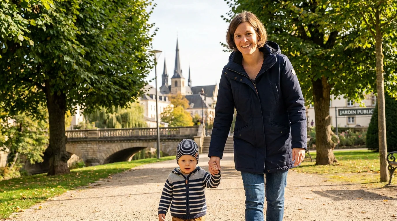 Nounou professionnelle se promenant avec un enfant dans un parc à Luxembourg