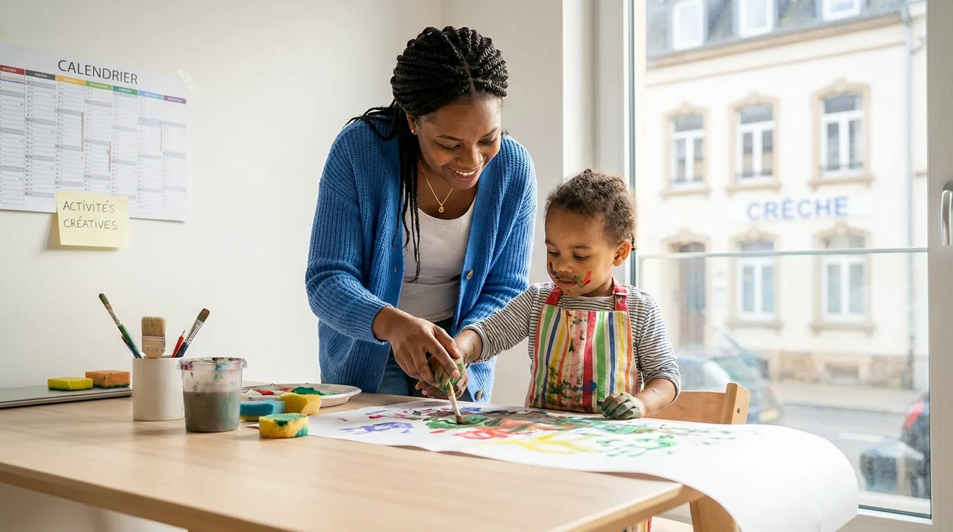 Nounou professionnelle accompagnant un enfant dans une activité créative à domicile à Luxembourg