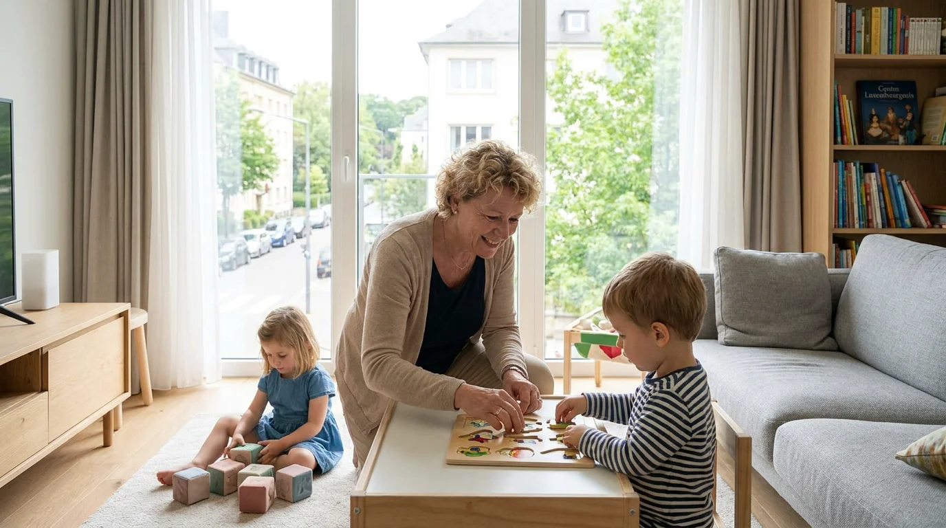Garde d'enfants à domicile dans un salon lumineux à Luxembourg