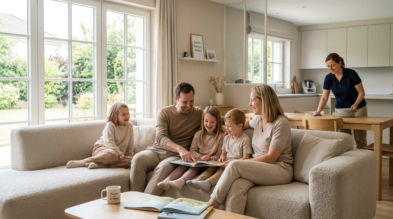 Famille sereine dans un salon entretenu par du personnel de maison à Luxembourg