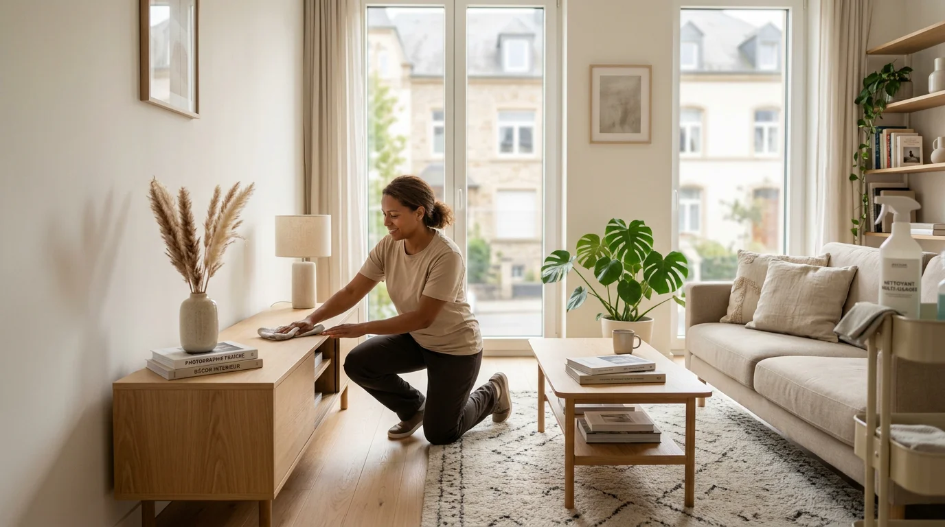 Une aide ménagère entretient un salon lumineux dans un appartement à Luxembourg