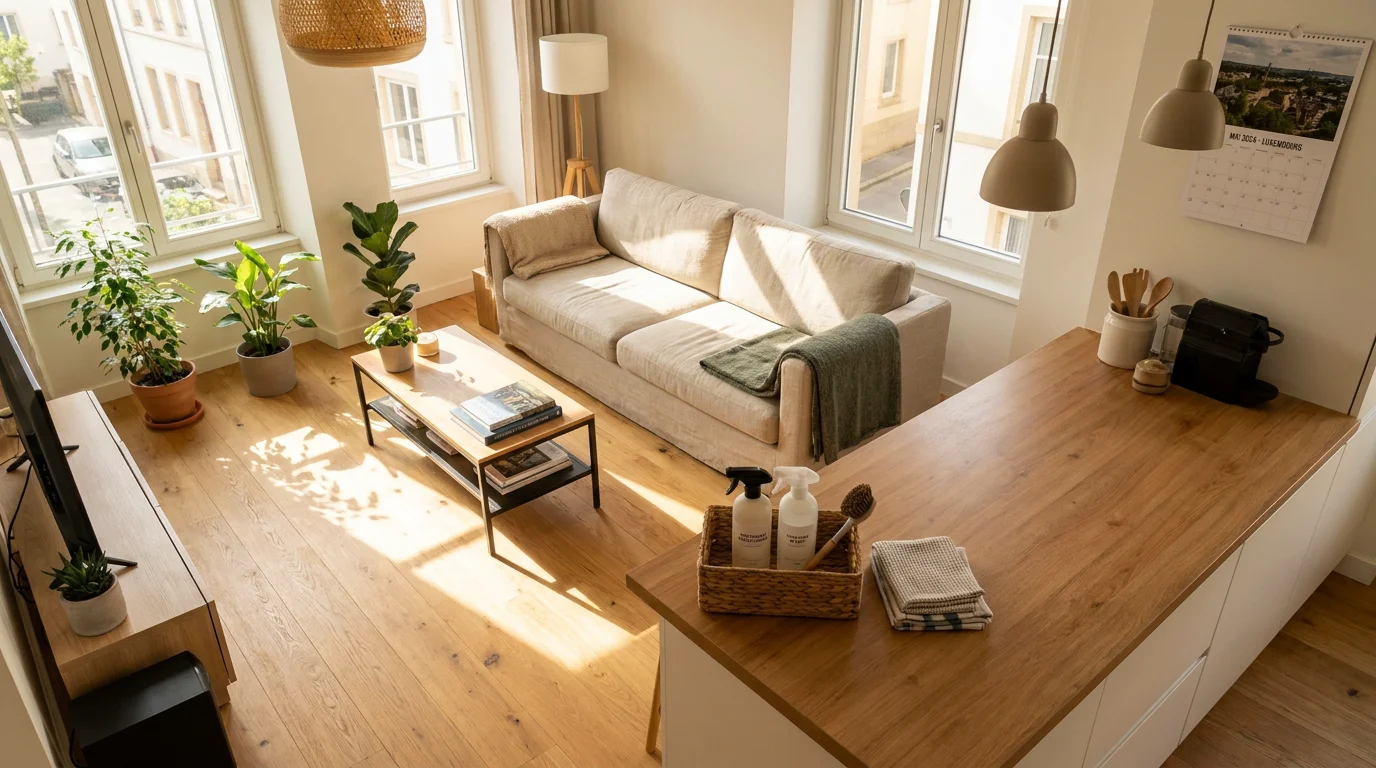 Intérieur lumineux d'un appartement à Luxembourg après un ménage professionnel