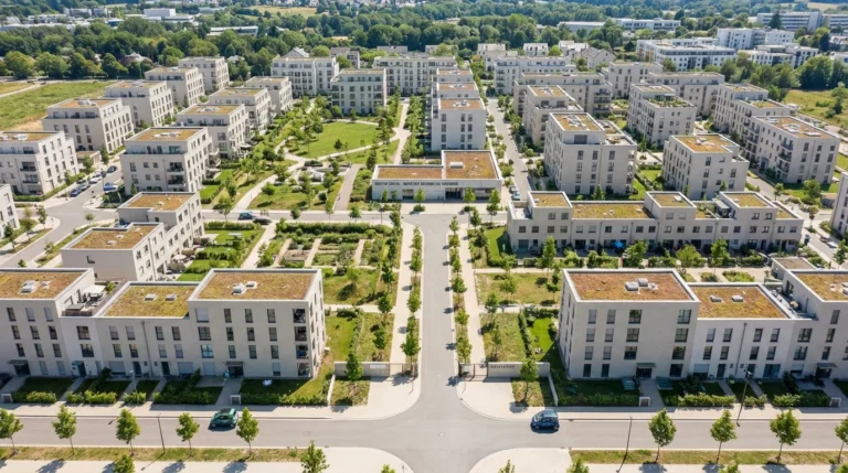 Vue aérienne d'un quartier résidentiel propre et moderne à Luxembourg