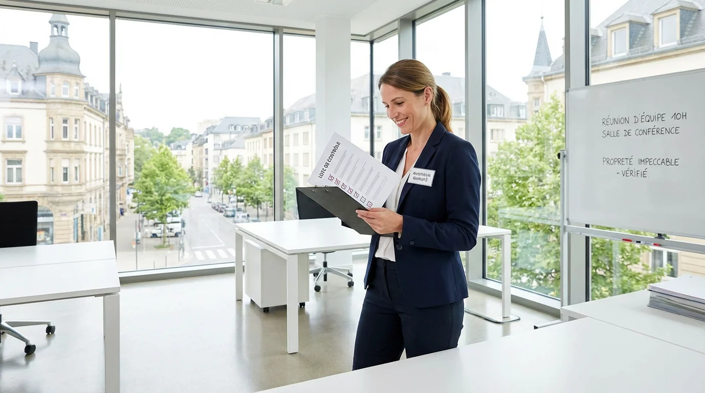 Professionnelle inspectant la propreté de bureaux modernes à Luxembourg