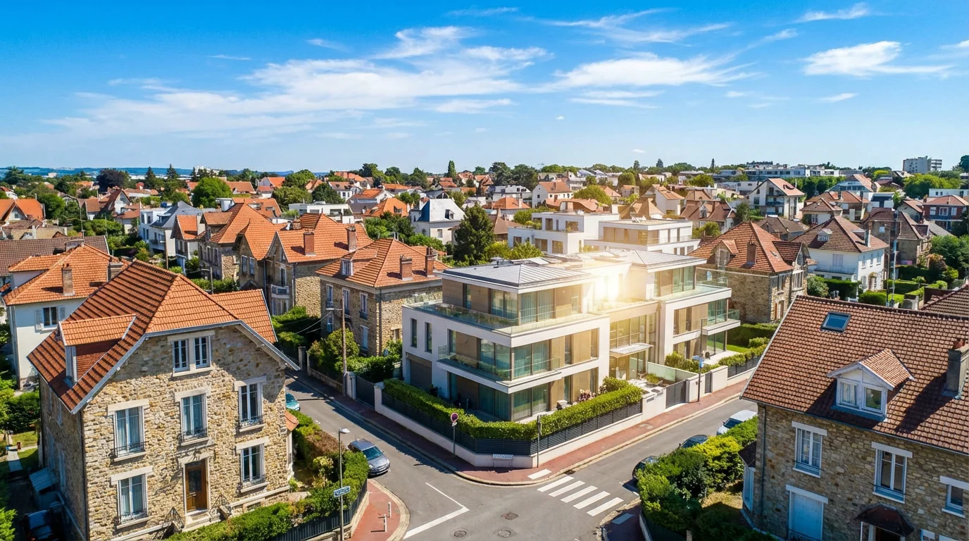 Quartier résidentiel européen aux vitres étincelantes reflétant la lumière du soleil