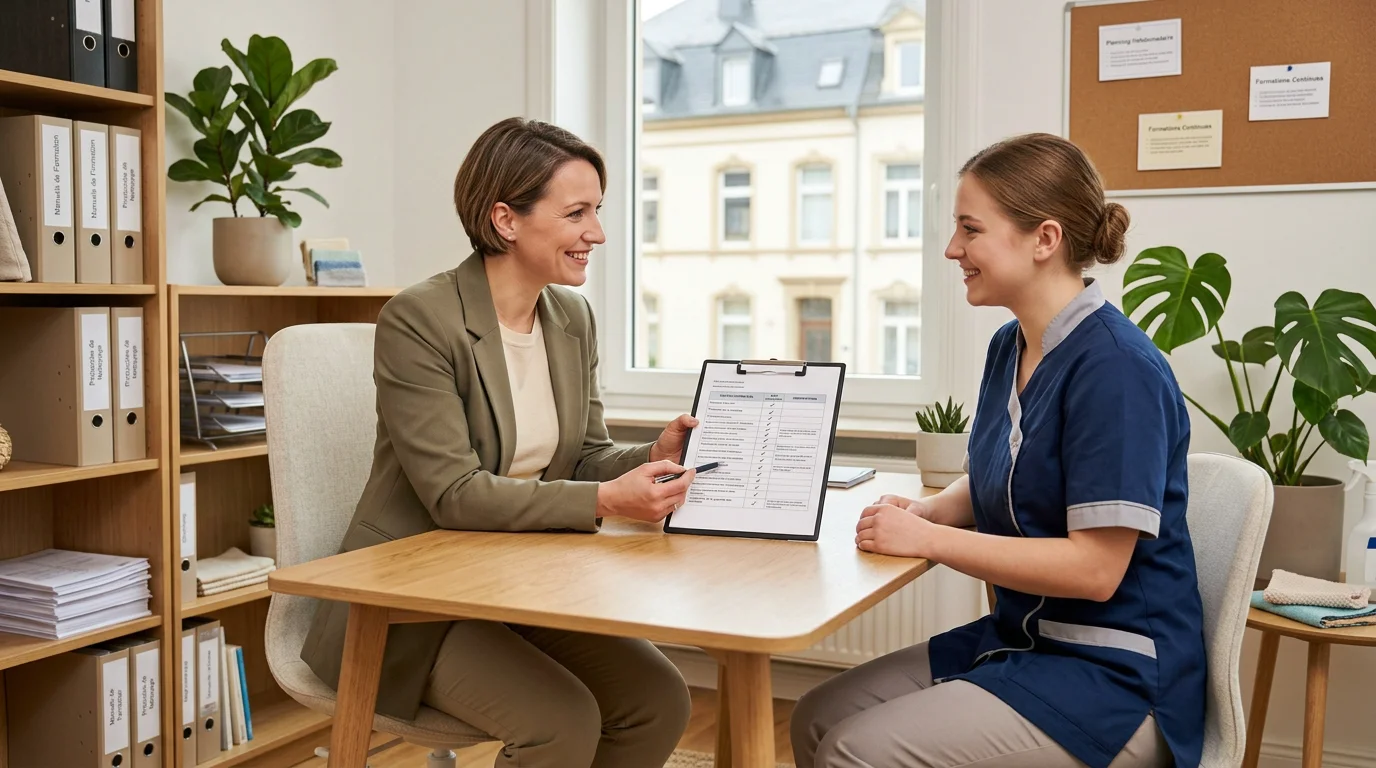 Responsable qualité et aide ménagère passant en revue une checklist d'entretien