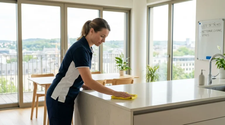 Professionnelle du nettoyage entretenant l'entrée d'un appartement moderne à Luxembourg