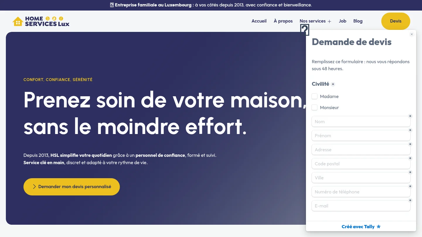 Capture de la page d’accueil de Home Services Lux
