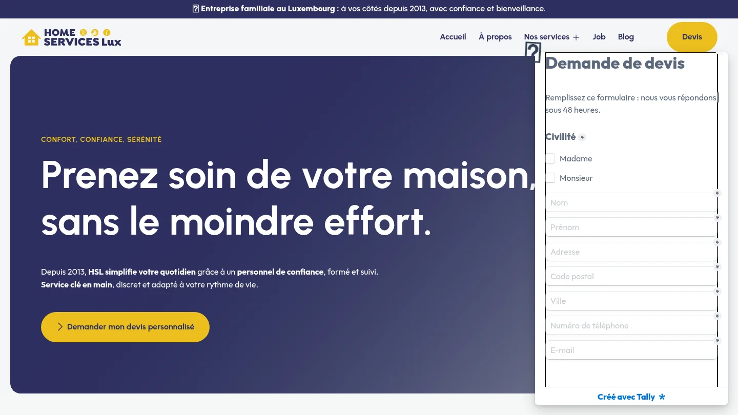 Capture de la page d’accueil de Home Services Lux