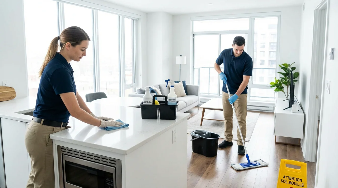 Équipe de nettoyage professionnel intervenant dans un appartement