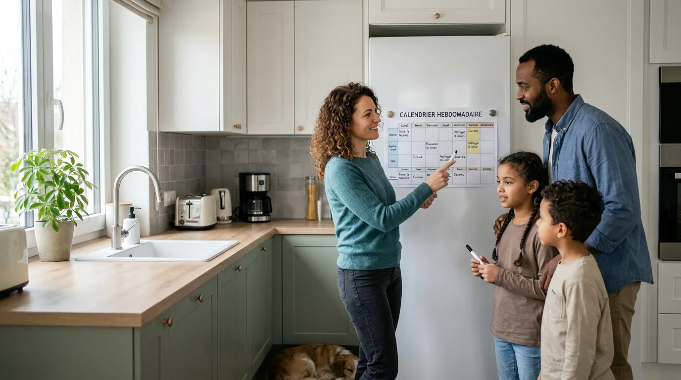 Une famille organise la répartition des tâches sur un planning mural