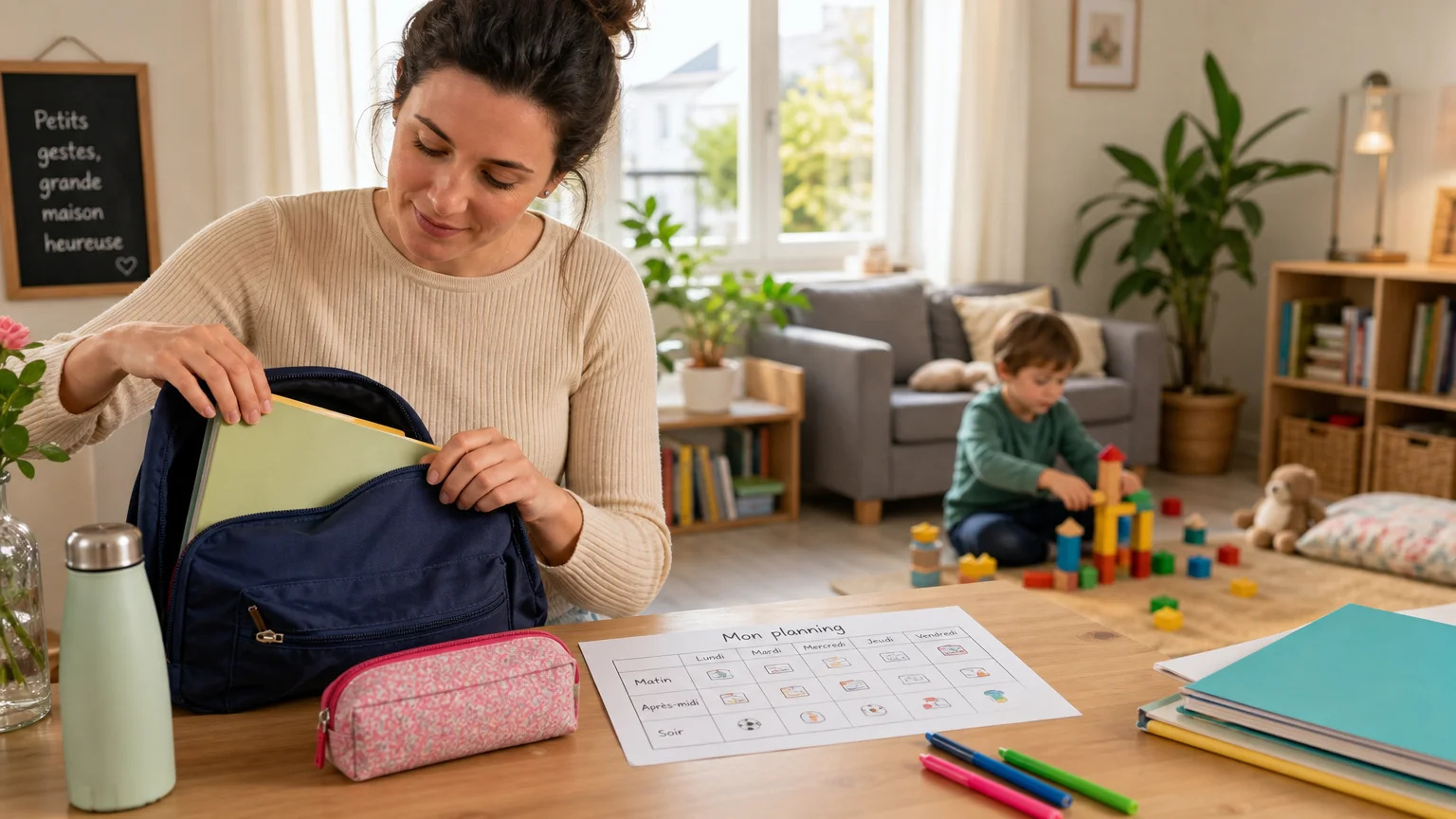 Une nanny organise le sac et le planning d’un enfant à domicile
